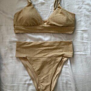 NW American Eagle Aerie Gold Sparkly Bikini Set Medium